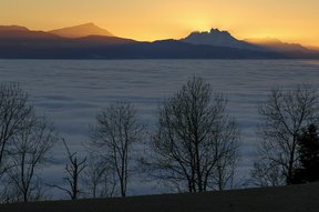 Sonnenuntergang hinter dem Pilatus mit Rigi über dem Nebelmeer am Bachtel bei Orn