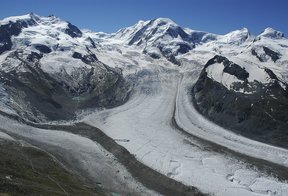 Ausblick vom Gornergrat auf Gornergletscher, Monte Rosa, Liskamm, Castor und Pollux