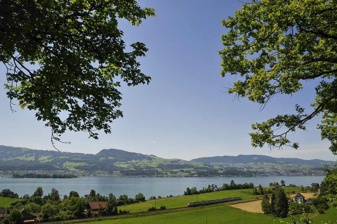 Aussicht von der Langgass auf Gamsten, Zürichsee und Etzel